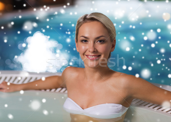 Foto stock: Feliz · mulher · sessão · jacuzzi · pessoas