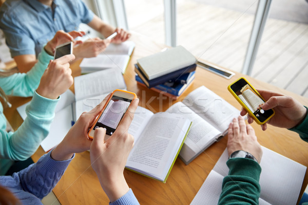 students with smartphones making cheat sheets Stock photo © dolgachov