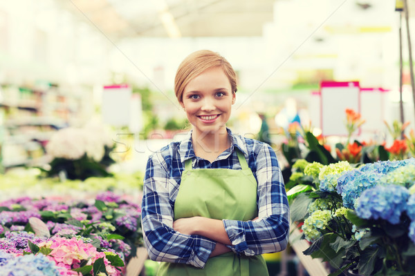 Foto stock: Feliz · mulher · flores · estufa · pessoas · jardinagem