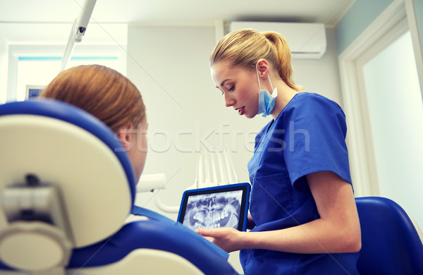 dentist showing x-ray on tablet pc to patient girl Stock photo © dolgachov