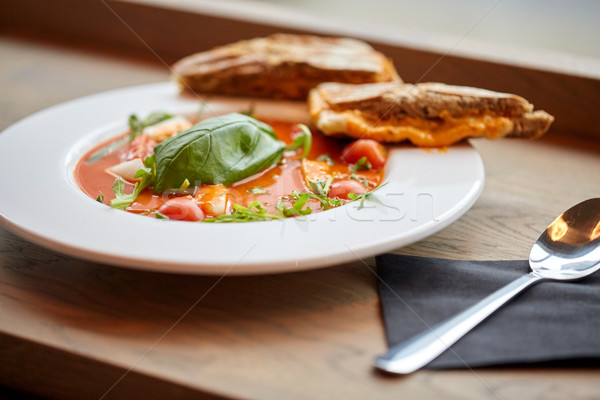 plate of delicious gazpacho soup at restaurant Stock photo © dolgachov