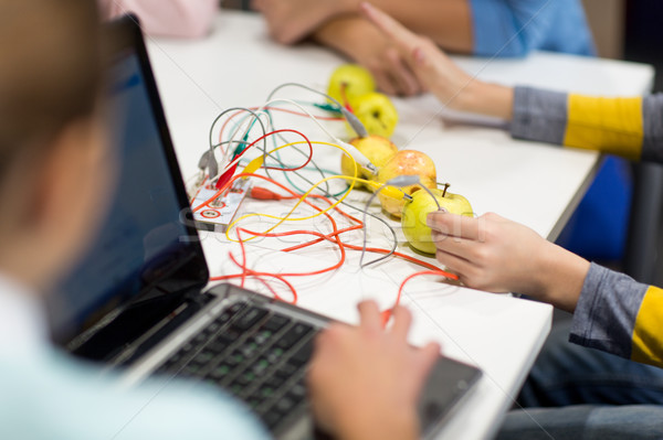 kids, invention kit and laptop at robotics school Stock photo © dolgachov