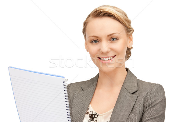 Zdjęcia stock: Szczęśliwy · kobieta · duży · notatnika · zdjęcie · działalności