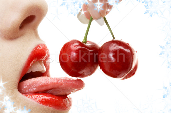 Kirsche Lippen Zunge Bild Schneeflocken Frau Stock foto © dolgachov