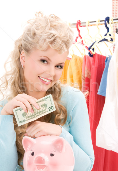 Foto stock: Mulher · piggy · bank · dinheiro · quadro · papel · azul