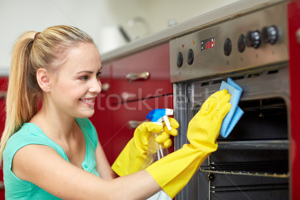 Feliz mulher limpeza casa cozinha pessoas Foto stock © dolgachov
