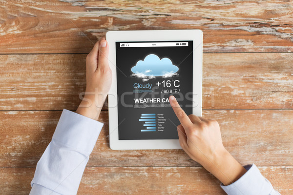 close up of hands with weather cast on tablet pc Stock photo © dolgachov