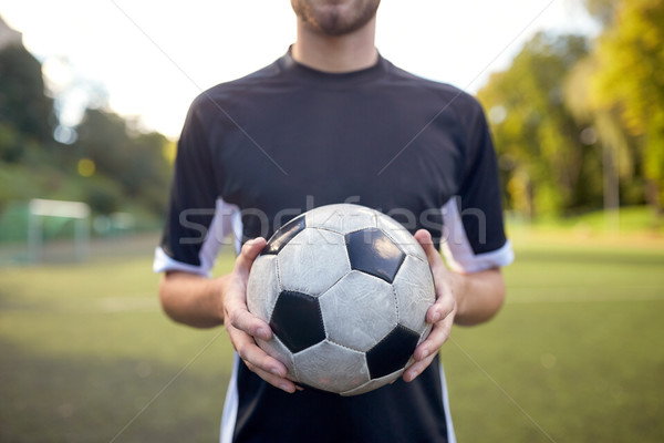 Close Up Of Soccer Player With Football On Field Stock Photo C Syda Productions Dolgachov Stockfresh