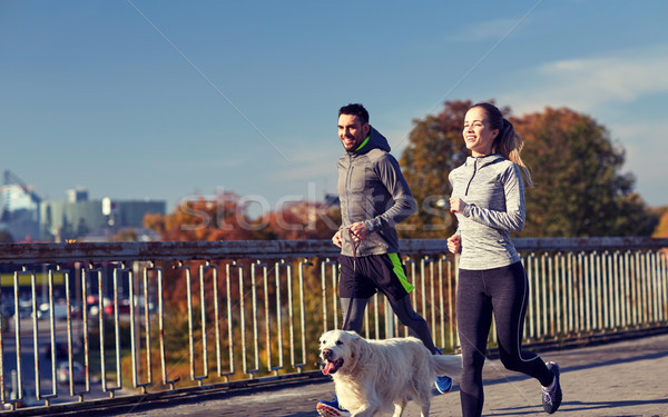 happy couple with dog running outdoors Stock photo © dolgachov