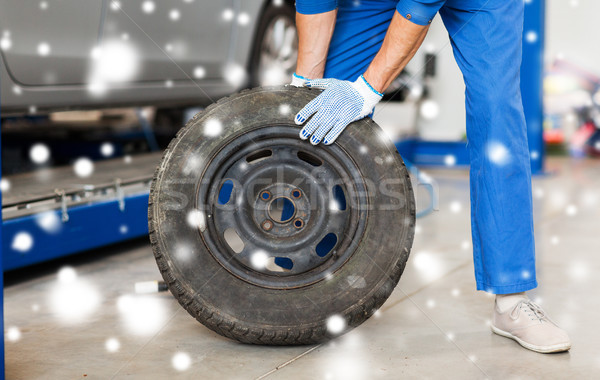 auto mechanic changing car tire at workshop Stock photo © dolgachov
