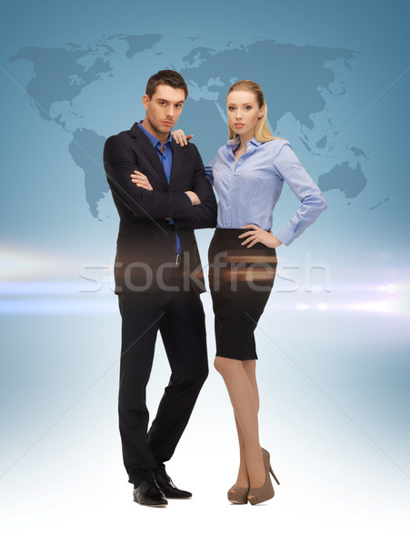 Foto stock: Mulher · homem · mapa · do · mundo · quadro · empresária · empresário