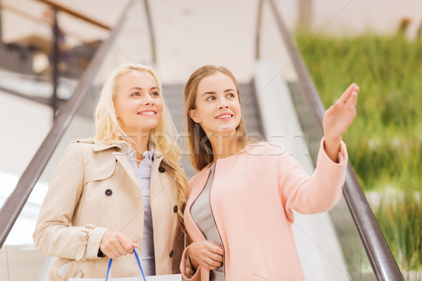 young women pointing finger on escalator in mall Stock photo © dolgachov