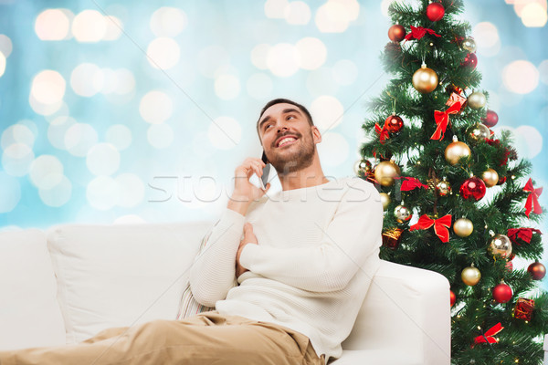 Stockfoto: Man · roepen · smartphone · christmas · lichten · technologie