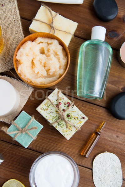 close up of body care cosmetic products on wood Stock photo © dolgachov