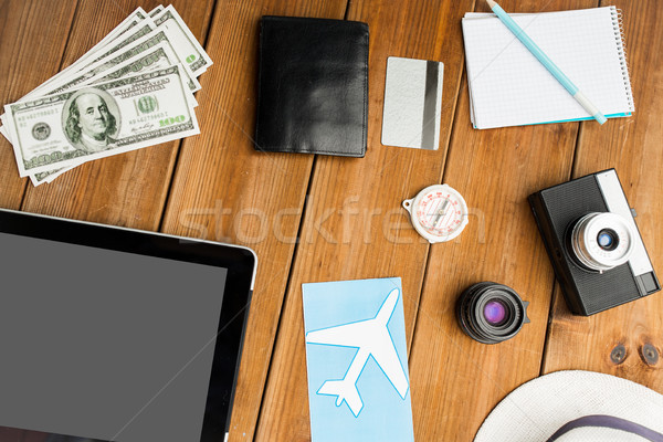 close up of gadgets and traveler personal stuff Stock photo © dolgachov