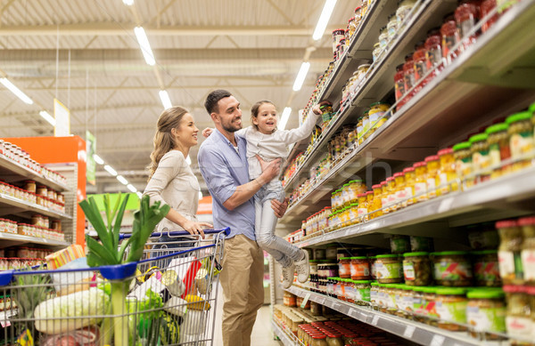 family with food in shopping cart at grocery store Stock photo © dolgachov