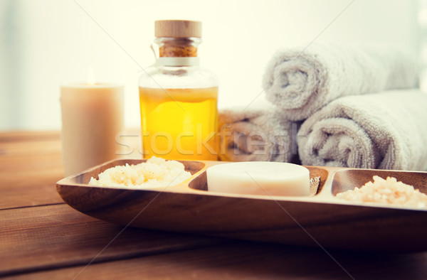 close up of soap, himalayan salt and scrub in bowl Stock photo © dolgachov