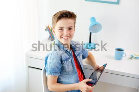 happy boy with gamepad playing video game at home Stock photo © dolgachov