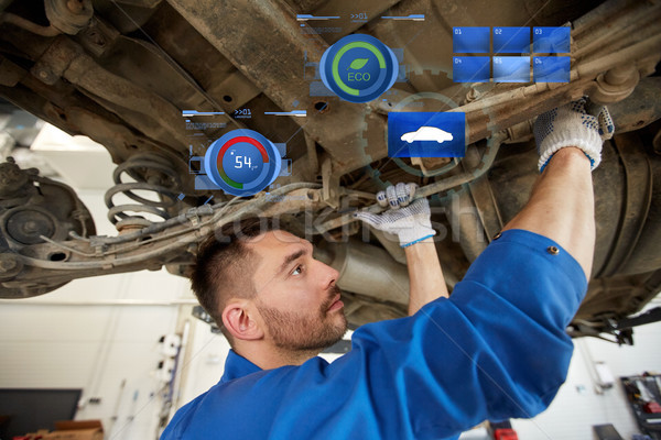 mechanic man or smith repairing car at workshop Stock photo © dolgachov