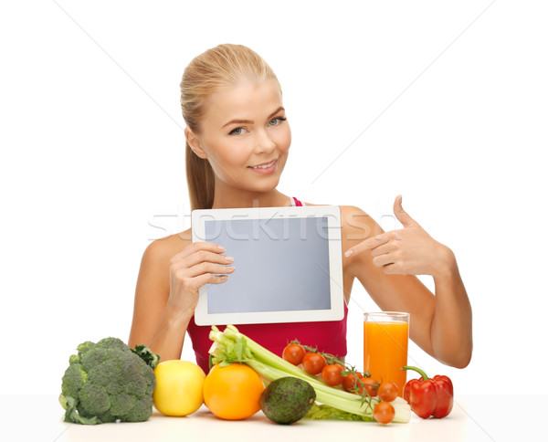 woman with fruits, vegetables and tablet pc Stock photo © dolgachov