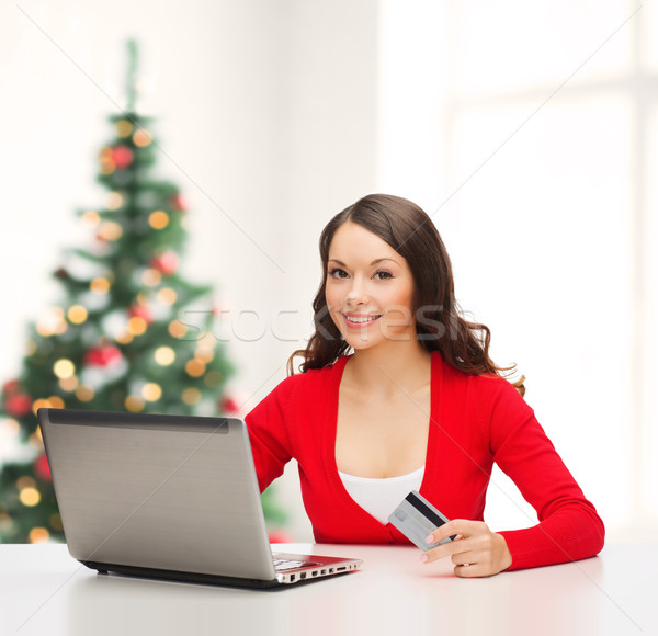 Stok fotoğraf: Mutlu · kadın · dizüstü · bilgisayar · kredi · kartı · Noel · noel
