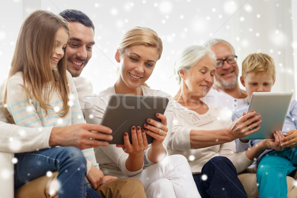 smiling family with tablet pc computers at home Stock photo © dolgachov