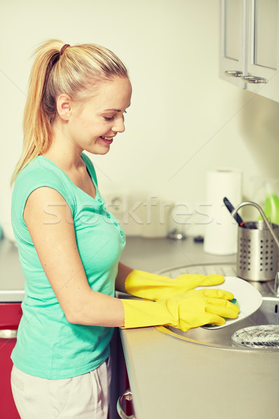 Gelukkig vrouw afwas home keuken mensen Stockfoto © dolgachov
