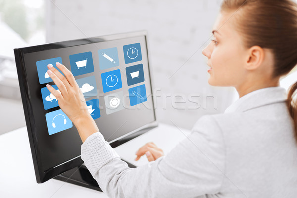 Stock photo: businesswoman with computer touchscreen in office