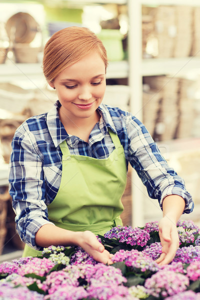 happy woman taking care of flowers in greenhouse Stock photo © dolgachov