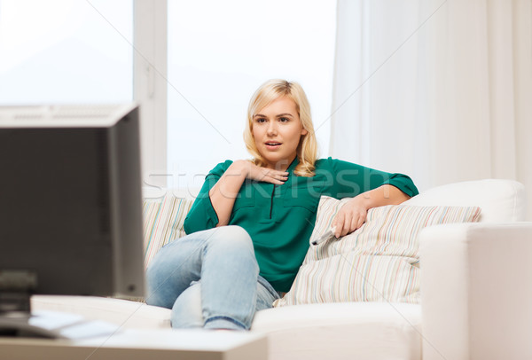 smiling woman with remote watching tv at home Stock photo © dolgachov