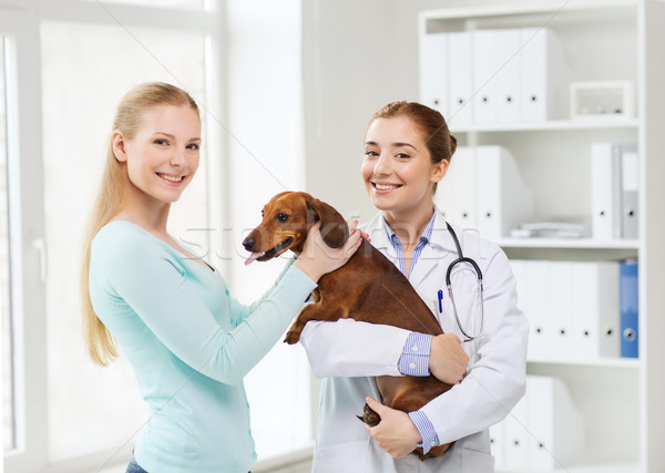 happy woman with dog and doctor at vet clinic Stock photo © dolgachov