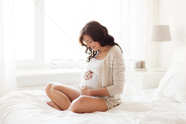 Foto stock: Feliz · mulher · grávida · sessão · cama · casa · gravidez