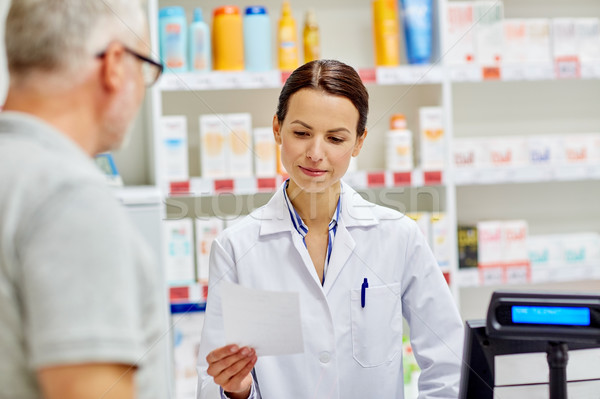 pharmacist reading prescription and senior man Stock photo © dolgachov