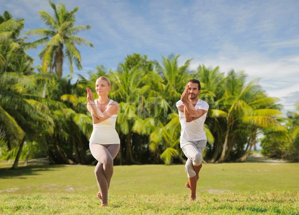 smiling couple making yoga exercises outdoors Stock photo © dolgachov