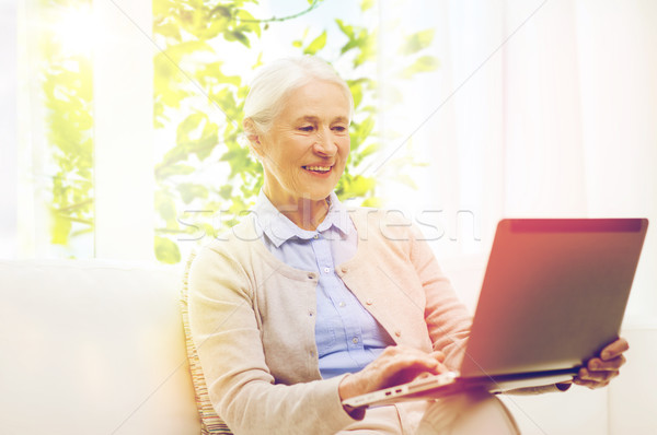 Stock fotó: Boldog · idős · nő · laptop · otthon · technológia