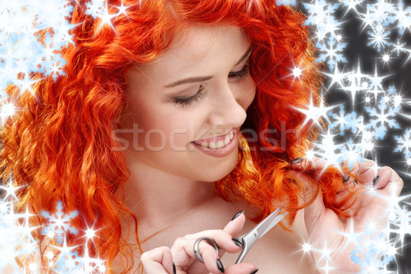 Vörös hajú nő olló kép hópelyhek nő arc Stock fotó © dolgachov