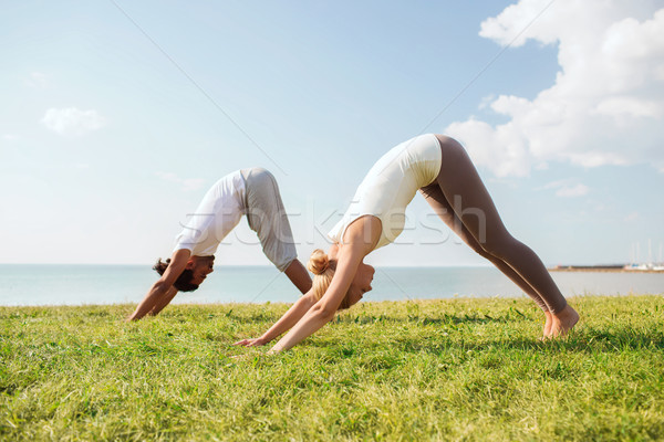 Gülen çift yoga açık havada uygunluk Stok fotoğraf © dolgachov