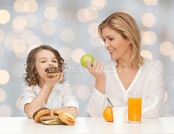 Stock foto: Glücklich · Mutter · Tochter · Essen · Frühstück · Menschen