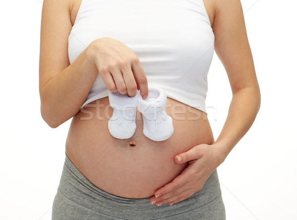 close up of pregnant woman with babys bootees Stock photo © dolgachov