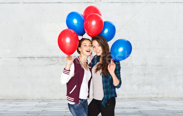 [[stock_photo]]: Heureux · adolescentes · hélium · ballons · personnes · amis