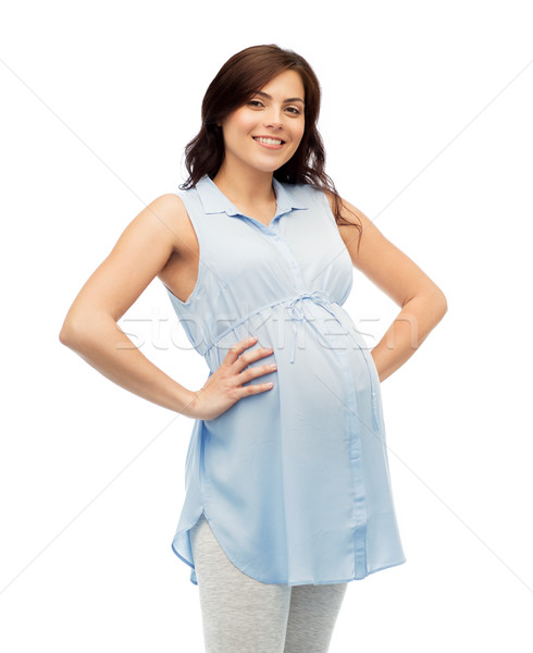 Foto stock: Feliz · mulher · grávida · tocante · grande · barriga · gravidez