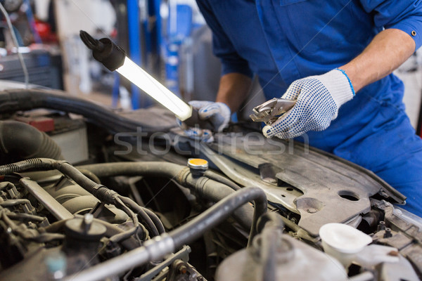 mechanic man with pliers repairing car at workshop Stock photo © dolgachov