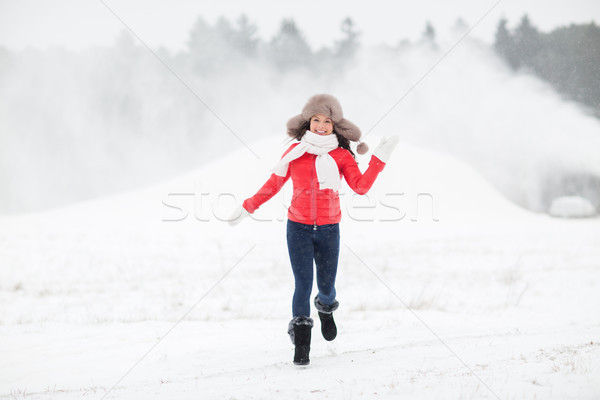 Stockfoto: Gelukkig · vrouw · winter · bont · hoed · buitenshuis