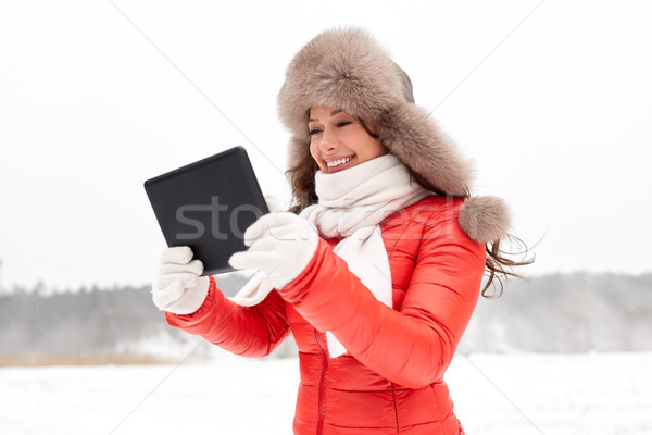 woman in winter fur hat with tablet pc outdoors Stock photo © dolgachov