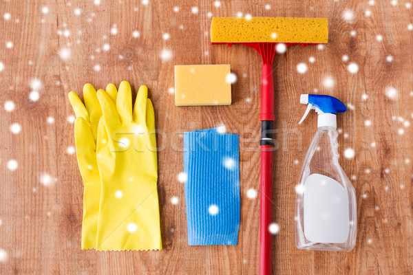 squeegee with window cleaning stuff on wood Stock photo © dolgachov