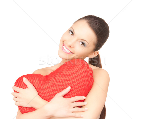 Femme rouge oreiller blanche heureux modèle Photo stock © dolgachov
