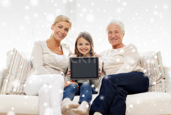 smiling family with tablet pc at home Stock photo © dolgachov