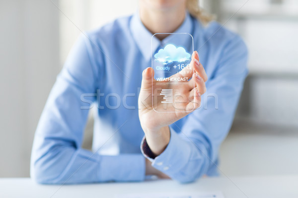 Stockfoto: Vrouw · weer · app · smartphone · technologie