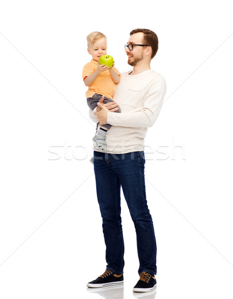 Foto stock: Feliz · padre · pequeño · hijo · verde · manzana