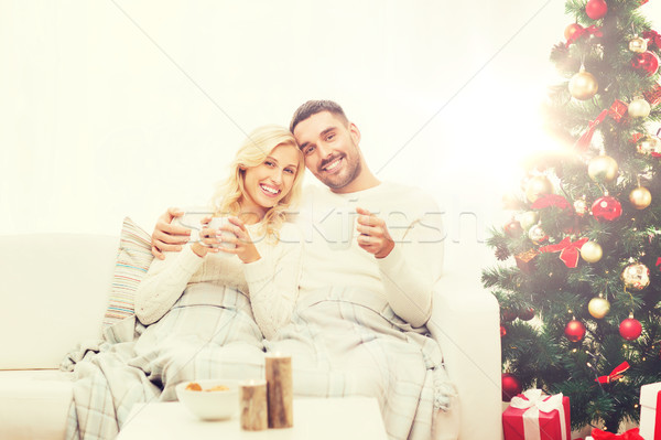 happy couple at home with christmas tree Stock photo © dolgachov